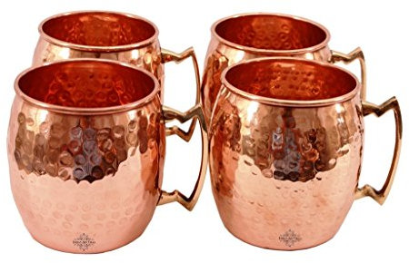 Art Villa indische Handarbeit Set von 4 Moscow Mule Pure Solid Kupfer rund gehämmert Tasse Volumen 530 ml für Restaurant Ware Bar Ware Bier Hotel Ware