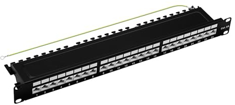 Patchpanel 19 Zoll 24 Port Cat.6a 10 Gbit/s 1HE geschirmt schwarz | RJ45 Module, Rackeinbau, für cat5e cat6 cat6a cat7 cat8, Verteilerfeld