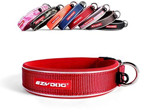 EzyDog Hundehalsband für Große, Mittelgroße, Mittlere & Kleine Hunde - Halsband Hund Neopren Gepolstert, Wasserfest, Reflektierend (XL, Rot)