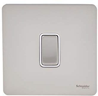 Schneider Electric Ultimate Screwless Flat Plate - Single Rocker 2 Way Light Switch, Single Pole, 16AX, GU1412WPN, Pearl Nickel with White Insert
