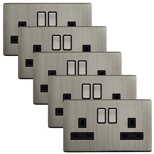 5 x Double Wall Socket Switched Gloss Brushed Chrome 2 Gang Screwless 13a Double Pole N410DME