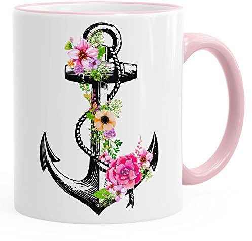 Autiga Tasse Blumen Anker Flower Anchor Watercolor Kaffeetasse Teetasse Keramiktasse rosa Unisize