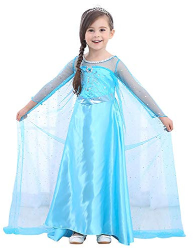 URAQT Reine des Neiges Elsa Costume et Accessoires Gants Couronne Baguette Tresse Robe Longue Deguisement pour Fille, Tz20-lyq-003, Taille130 pour les 5-6 ans