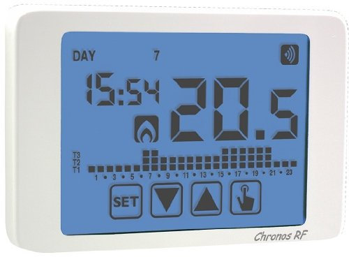 Cronotermostato settimanale touch screen a radiofrequenza da parete CHRONOS RF VEMER VE484200 Funzione Estate/Inverno Alimentazione a batterie VDC 2x1,5V tipo AAA IP40 Il Cronotermostato deve essere abbinato ad un attuatore remoto a radiofrequenza