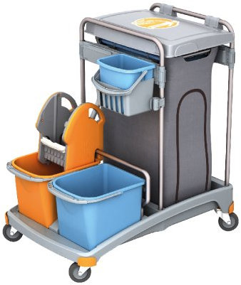 Splast Putzwagen mit Müllsackhalter inkl. Deckel, mit 3 Plastikeimern und Moppresse
