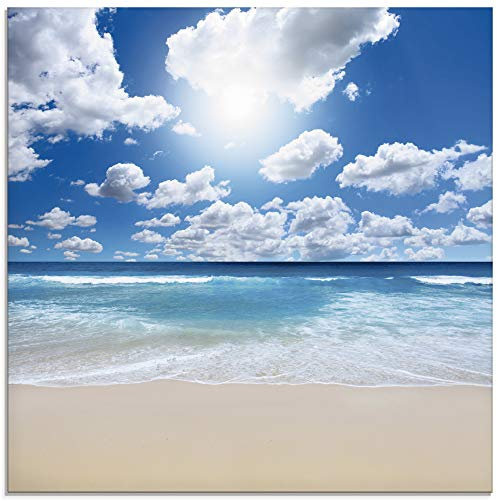 ARTland Wanddeko Glasbilder Wandbild Glas Bild einteilig Quadratisch Strand Meer Sommer Karibik Südsee Urlaub Natur Sand Himmel Wolken T8KG