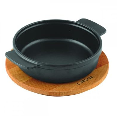 LAVA Cookware Runder Fleischeintopf, Holzplatte, Durchmesser 17cm, Gusseisen, schwarz, 17 cm