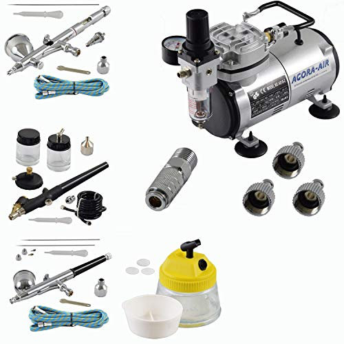 Agora-Tec® Airbrush Komplett-Set EXPERT II.13, inkl. Kompressor mit 4 bar und 20l/min + 3 Airbrushpistolen mit 0,2 & 0,3 & 0,5 & 0,8mm Nadeln/Düsen + 3 Schnellkupplungen + Clean-Pot + 2 Schläuche + Adapter