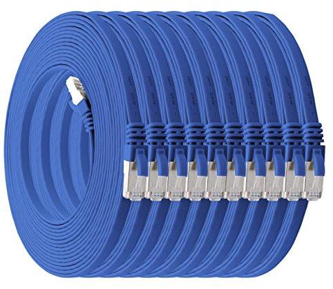 10 m - bleu - lot de 10 câbles réseau plats Cat7 câble brut Cat 7 câble ruban Gigabit Lan (10 Gbit/s) câble d'installation câble patch plat mince fiche Rj 45 Cat6a
