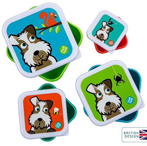 TUM TUM Kinder Brotdosen Set - viereckiges Brotboxen Set (4 St) - für Schule, Kindergarten, Ausflüge - extra ineinander stapelbar - Frühstücksbox aus Kunststoff - BPA frei - Pausenbox (Scruff der Hund)