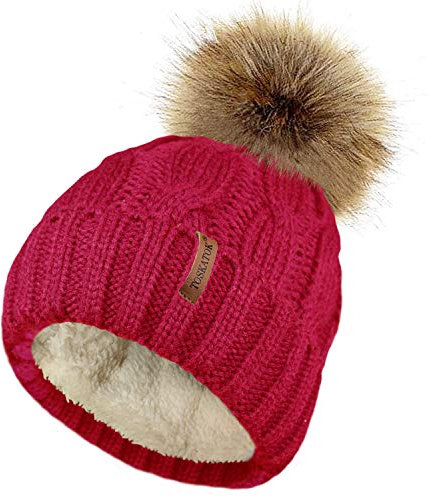 TOSKATOK Damen Chunky weichen Kabel Stricken Hut mit gem�tlichem Fleecefutter und abnehmbarem Kunstpelz Pompom-RED