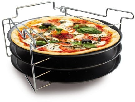 Baumalu, Lot de 3 Plaques à Pizza avec Support Ajustable, Diamètre 30 cm, Anti-adhérent, Couleur Argent et Noir, Hauteur 15 cm, Idéal pour Cuisson Multiple