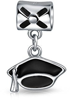 Personalize Oval Engravable Graduate Trencher Black Graduation Cap Dangle Bead Charm For Women Teen Student Oxidized Enamel .925 Sterling Silver Fits European Bracelet