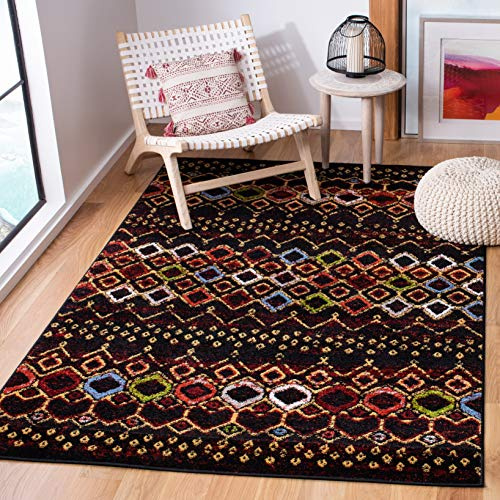 SAFAVIEH Boho Teppich für Wohnzimmer, Esszimmer, Schlafzimmer - Amsterdam Collection, Kurzer Flor, Schwarz und Multi, 122 X 183 cm
