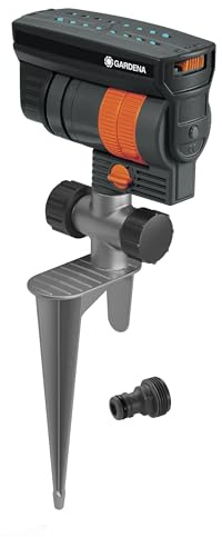 GARDENA 20575 | Up to 2300 sq ft - ZoomMaxx Adjustable Oscillating Sprinkler on Metal Step Spike for Watering Large Area Lawn with US Hose Threads, Yard and Garden. Gardena Quick Connects