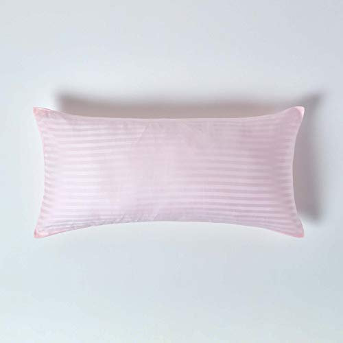 HOMESCAPES Damast Kissenbezug 40x80 cm rosa mit Satin-Streifen & Reißverschluss, 100% ägyptische Baumwolle, Fadendichte 330