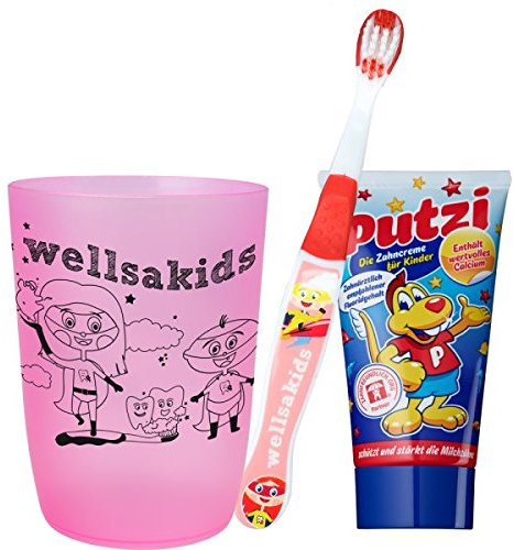 wellsakids Zahnpflegeset 3-teilig für Kinder Set mit rosa-transparentem Becher, Putzi Zahnpasta und Kinderzahnbürste, Zahnputzset von wellsamed