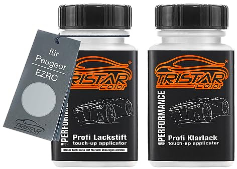 TRISTARcolor Autolack Lackstift für Peugeot EZRC Gris Aluminium Metall. +1K | Gris Aluminium Metallic, Set aus Basislack + Klarlack, Lackfläschchen mit Pinsel, je 50ml