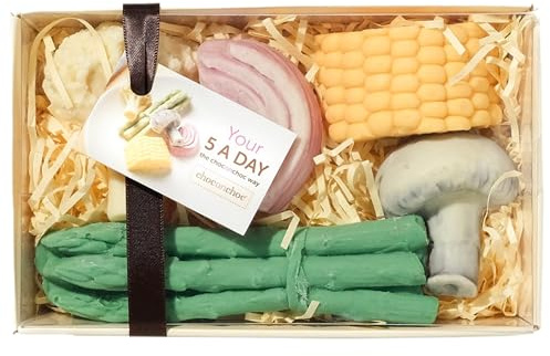 Choc on Choc Chocolate Vegetables 5 a Day Gift Box | Handmade Solid White and Dark Chocolate Onion, Mushroom, Asparagus, Cauliflower & Corn, Natural Colors, Fun Novelty Gift - 100g