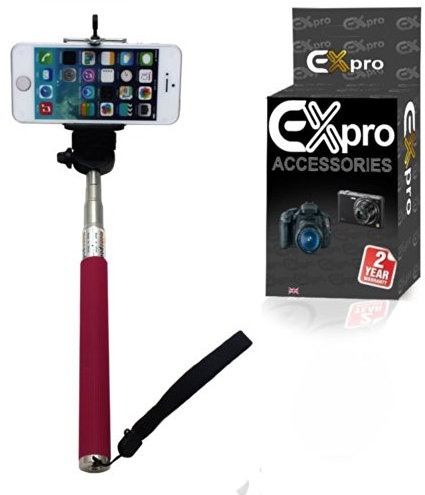 Ex-Pro® Extendable Self Portrait Selfie Monopod With Smartphone Adajustable Holder for iPhone, Smart Phones or Digital Cameras (Use tripod mount) - Pink