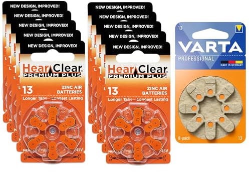 Hearclear Size 13 Hearing Aid Batteries Orange Tab + Keychain (60 Batteries)