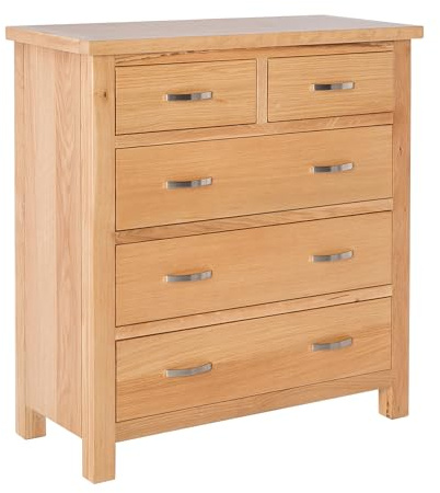 RoselandFurniture London Oak 2 Over 3 Chest of Drawers for Bedroom | Fully Assembled, Lacquered Wooden Storage Dresser, Contemporary Style, H90cm W85cm D38cm