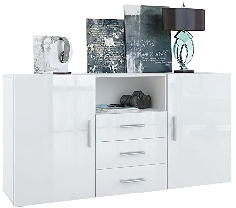 Vladon Sideboard Skadu, Kommode mit 2 Türen, 3 Schubladen und 1 offenem Fach, Weiß matt/Weiß Hochglanz (138,5 x 71,5 x 35 cm)