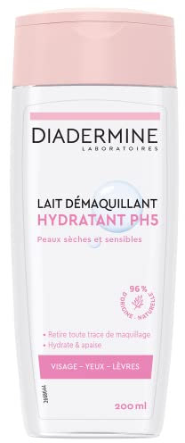 Diadermine - Lait Démaquillant Visage, Yeux et Lèvres - Hydratant - PH5 - Peaux Sèches et Sensibles - Hydrate et Apaise - Nettoyant - 96% d'ingrédients d'origine naturelle - Flacon de 200 ml