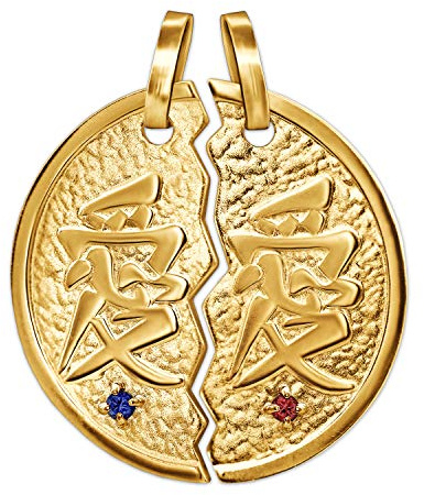 CLEVER SCHMUCK Goldener Partneranhänger als geteile Münze Ø 19 mm, vorn chinesisch Zeichen Liebe mit Steinen safirblau und rubinrot, Rückseite LOVE aus 333 Gold 8 Karat im Etui Ich liebe Dich