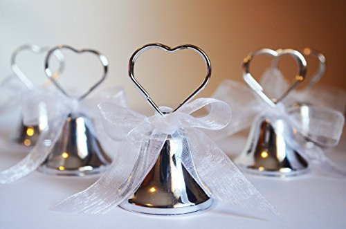 20 Stück Silber Hochzeitsglöckchen mit Herz Kartenhalter – Kussglocken mit Schleife als Gastgeschenk, Tischdeko & Namensschild für Hochzeit