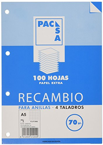Pacsa 21201/21204 - Recambio 70 g, A5, 4 anillas cuadriculadas
