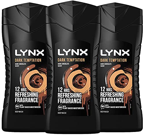Lynx Dark Temptation Men's Body Wash 225ml x3 | Dark Chocolate Shower Gel | 12H Fresh | Lynx Dark Temptation Shower Gel for Men | Dark Chocolate Body Wash 225ml