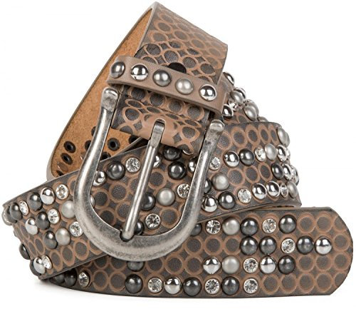 styleBREAKER Nietengürtel mit Kringel-Prägung, Strass und Kugel-Nieten im Vintage Design, kürzbar, Damen 03010058, Farbe:Braun, Größe:90cm