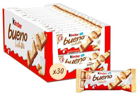 Kinder Bueno White - Fine Gaufrette Enrobée de Chocolat Blanc avec un Cœur Lait et Noisettes - Goûter Fondant et Croustillant - Format à partager - 30 x 2 Barres