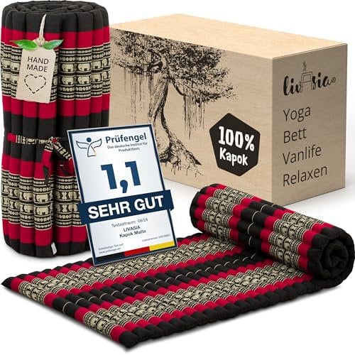 livasia Rollmatte Rollmatratze M schmal Einzelbett - 200x75x4,5cm - Gästebett Gästematratze 1 Person mit Muster, Reisebett Kofferraum outdoor, Thaimatte Kapok Garten handgefertigt (Schwarz/Elefanten)