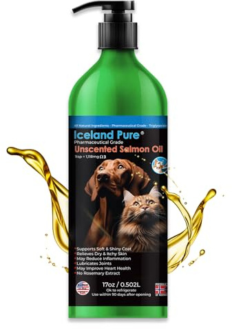 Iceland Pure Salmon Oil | Unscented Pharmaceutical Grade | 1118mg of Omega-3 per teaspoon | Liquid Food Supplement For Dogs and Cats | BPA-Free Brushed Aluminum Epoxy coated Bottle with Pump 17oz