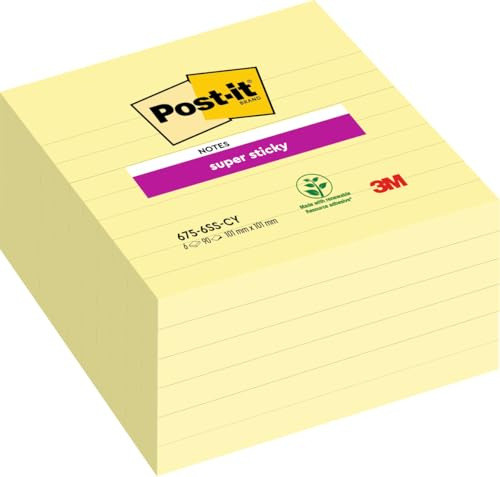 Post-it Super Sticky Large Notes, 6 Pads (540 Sheets), 101 x 101 mm, Yellow | Self-Stick Notes with Stronger Hold for Meetings, Teamwork and Brainstorming, Repositionable, Hold on Vertical Surfaces