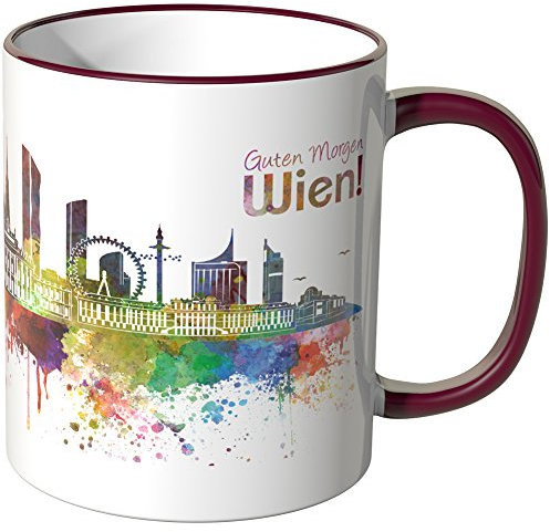 WANDKINGS® Tasse, Schriftzug Guten Morgen Wien! mit Skyline - Bordeaux, Keramik, Henkeltasse, 0,3 l, Wohnen, Reise, Büro