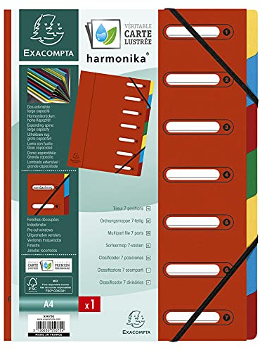 Exacompta 55075E Premium Ordnungsmappe Harmonika. Aus extra starkem Colorspan-Karton DIN A4 7 Fächer und 2 Gummizüge mit Indexfenster und dehnbarem Rücken Register-Mappe rot