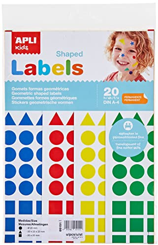APLI KIDS 5151 – Packung mit 1920 Aufklebern in verschiedenen Formen und Farben, 20 Blatt gelb/blau/rot/grün (Dreiecke, rund, quadratisch, 20 x 20 mm)