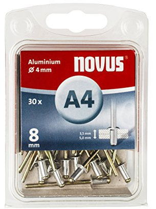 Novus Rivets Aveugles en Aluminium 8 mm, 30 Rivets, 4 mm, Longueur de Serrage 3,5-5 mm, pour Métal non Ferreux, Plastique et Cuir