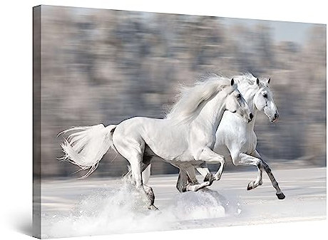 Startonight Bilder Zwei Weiße Pferde, Leinwandbilder Moderne Kunst, Tiere Wanddeko Kunstdrucke, Wandbilder Schlafzimmer 60 x 90 cm, Tag Nacht Effekt, Elegante Geschenkidee Wand Deko