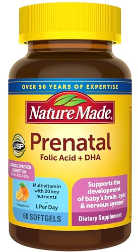 Nature Made Prenatal Vitamins for Women with Folic Acid + DHA, Prenatal Vitamin and Mineral Supplement for Daily Nutritional Support, 60 Softgels, 60 Day Supply