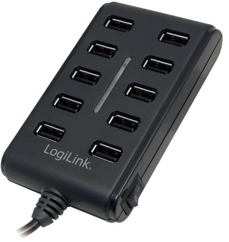 LogiLink UA0125 - Hub de 10 Puertos USB 2.0 con Interruptor ON/Off y Cable de alimentación de 3.5 A, Negro