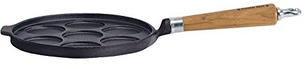Ronneby Bruk 120690 48 x 24 x 5 cm Gusseisen Pancake Pfanne für 7 kleine Pfannkuchen mit Eiche Holz Griff, schwarz