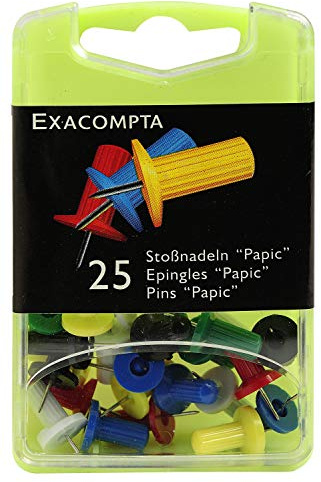Exacompta 14920E 25er Pack Pinwandnadel mit rundem geripptem Kopf Stoßnadeln in Kunststoffbox für Pinnwände Fotowände Korktafeln farbig sortiert