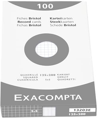 Exacompta - Réf. 13203E - Étui de 100 fiches bristol quadrillées 5x5 non perforées - format 125 x 200 mm - compatibles avec imprimante jet d'encre, laser et photocopieur - couleur blanc