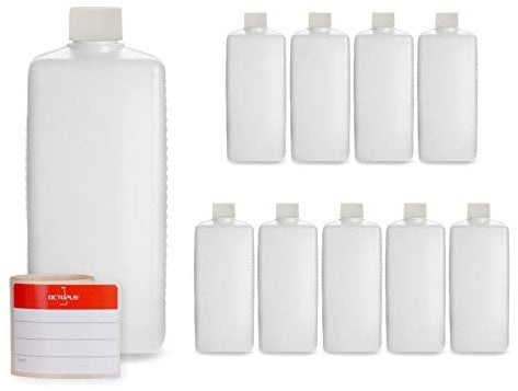 Octopus Bouteilles en plastique 10x 500 ml, bouteilles en plastique PE-HD avec bouchon à vis de blanc, bouteilles vides avec bouchons à vis blanc, bouteilles carrées, étiquettes incluses.
