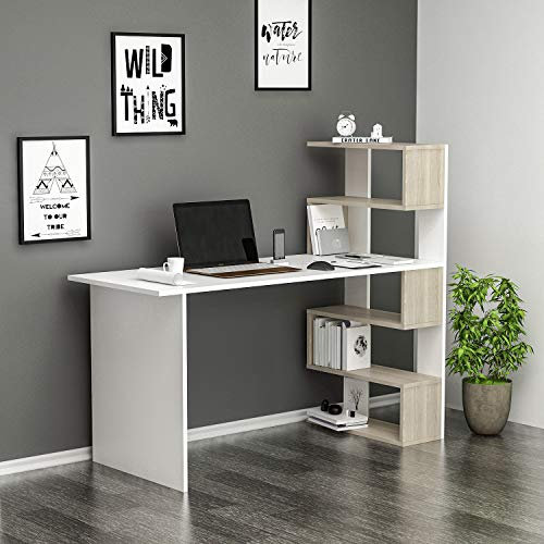 HOMIDEA DELUXE Scrivania - Scrivania per computer - Scrivania ufficio - PortaPC - Tavolo per Computer con mensola (Bianco/Avola)