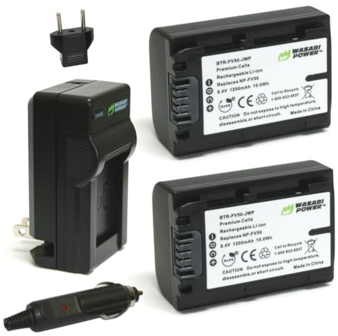 Wasabi Power Battery (2-Pack) and Charger for Sony NP-FV30, NP-FV40, NP-FV50 and Sony DCR-SR15, SR21, SR68, SR88, SX15, SX21, SX44, SX45, SX63, SX65, SX83, SX85, FDR-AX100, HDR-CX105, CX110, CX115, CX130, CX150, CX155, CX160, CX190, CX200, CX210, CX220, CX230, CX260V, CX290, CX300 , CX305, CX330, CX350V, CX360V, CX380, CX430V, CX520V, CX550V, CX560V, CX580V, CX700V, CX760V, CX900, HC9, PJ10, PJ30V, PJ50, PJ200, PJ230, PJ260V, PJ340, PJ380, PJ430V, PJ540, PJ580V, PJ650V, PJ710V, PJ760V, PJ790V, PJ810, TD20V, TD30V, XR150, XR155, XR160, XR260V, XR350V, XR550V, HXR-NX30U, NX70U